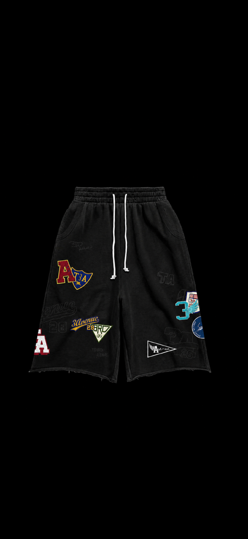 Heavy black athletic shorts with a white drawstring 3 ave embroidered patches